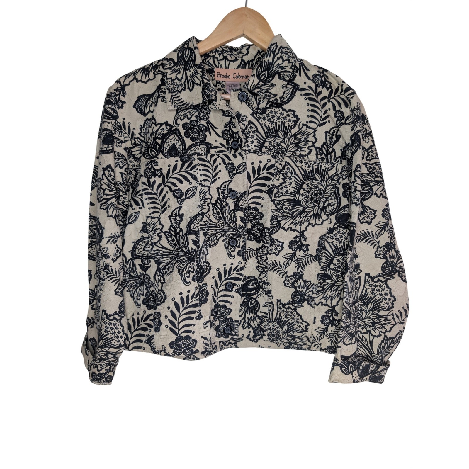 Brooke Coleman Floral Jacket Sz L 100% Cotton Cream Black Vintage Style Heirloom